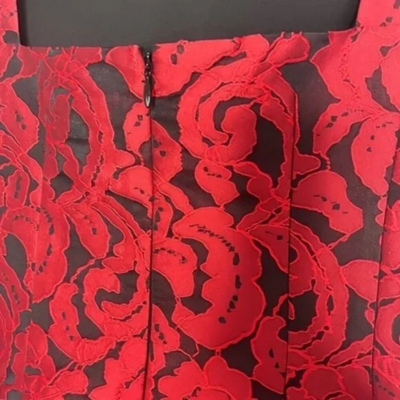 Ann Taylor Red Black Floral Jacquard Flounce Drop Waist Ruffle Hem Dress size: 8 - Picture 5 of 5